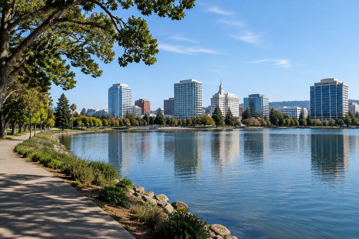 Illustrative view of Lake Merritt and Oakland in Alameda County