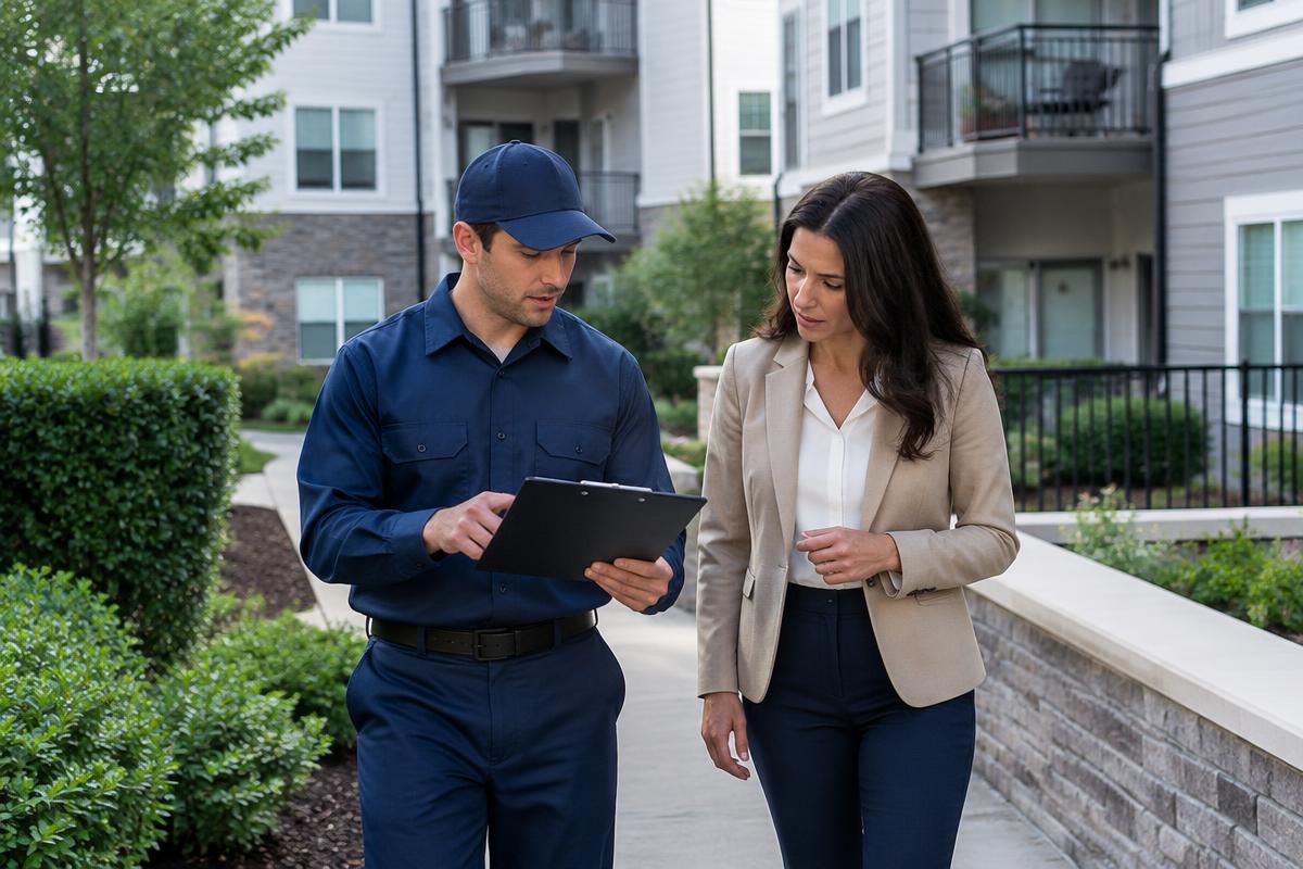 Pest control professional reviewing a service plan with a property manager at an apartment community