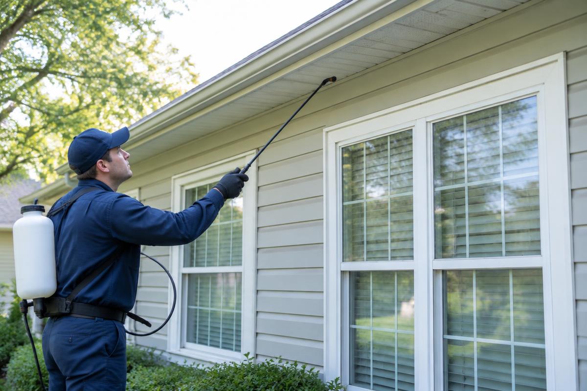 Technician treating the eaves of a home during a scheduled maintenance visit