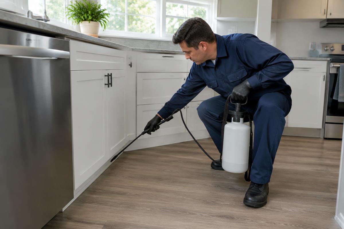Technician applying a targeted interior treatment along kitchen baseboards