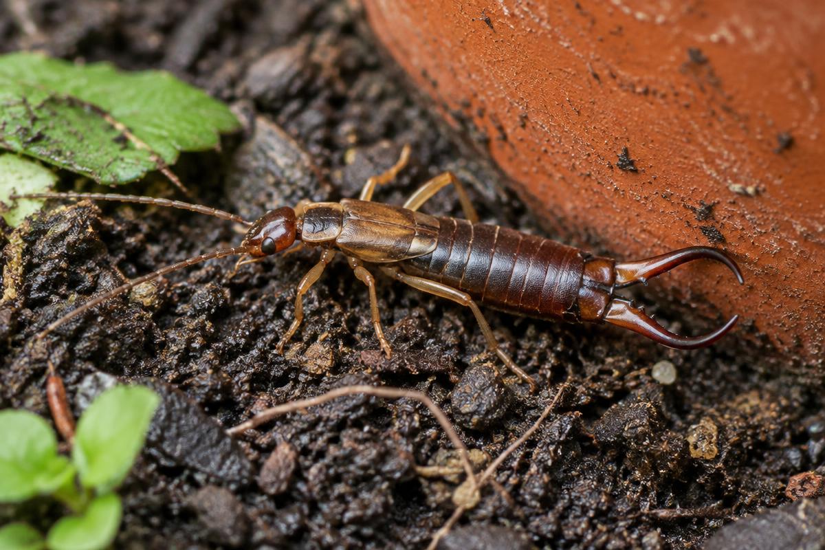 Earwig on damp soil beside a garden pot