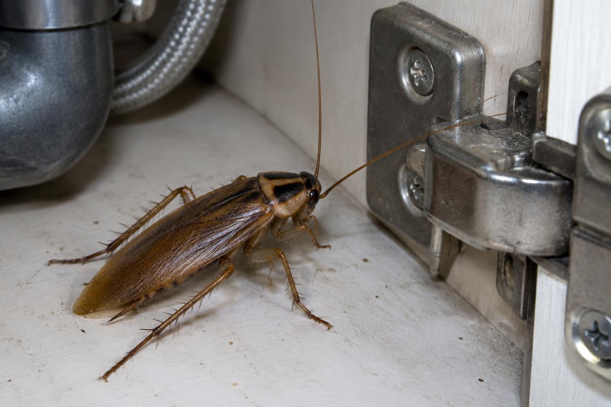 Cockroach beside a cabinet hinge under a kitchen sink