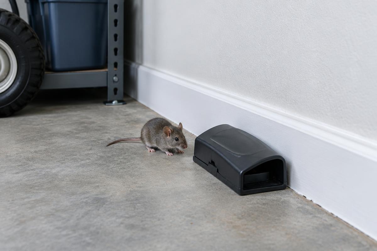 House mouse beside a covered rodent trap in a garage