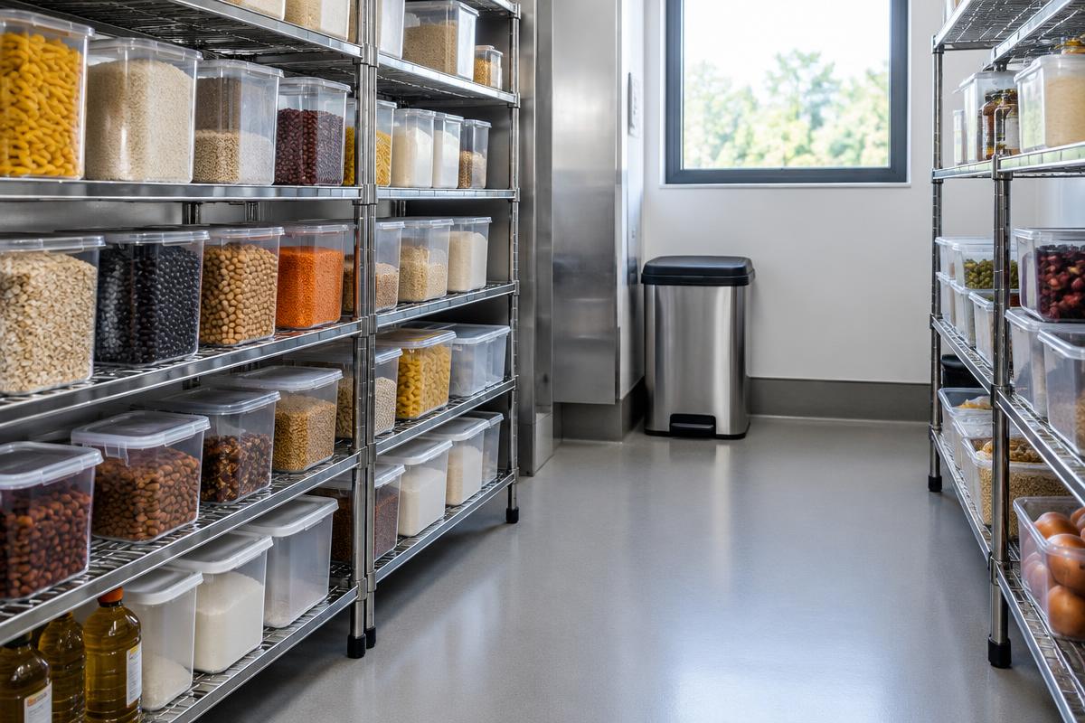 Sealed food containers on raised shelving in a tidy restaurant storeroom