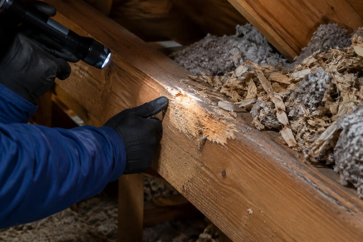 Gloved professional inspecting gnaw marks and nesting material in an attic