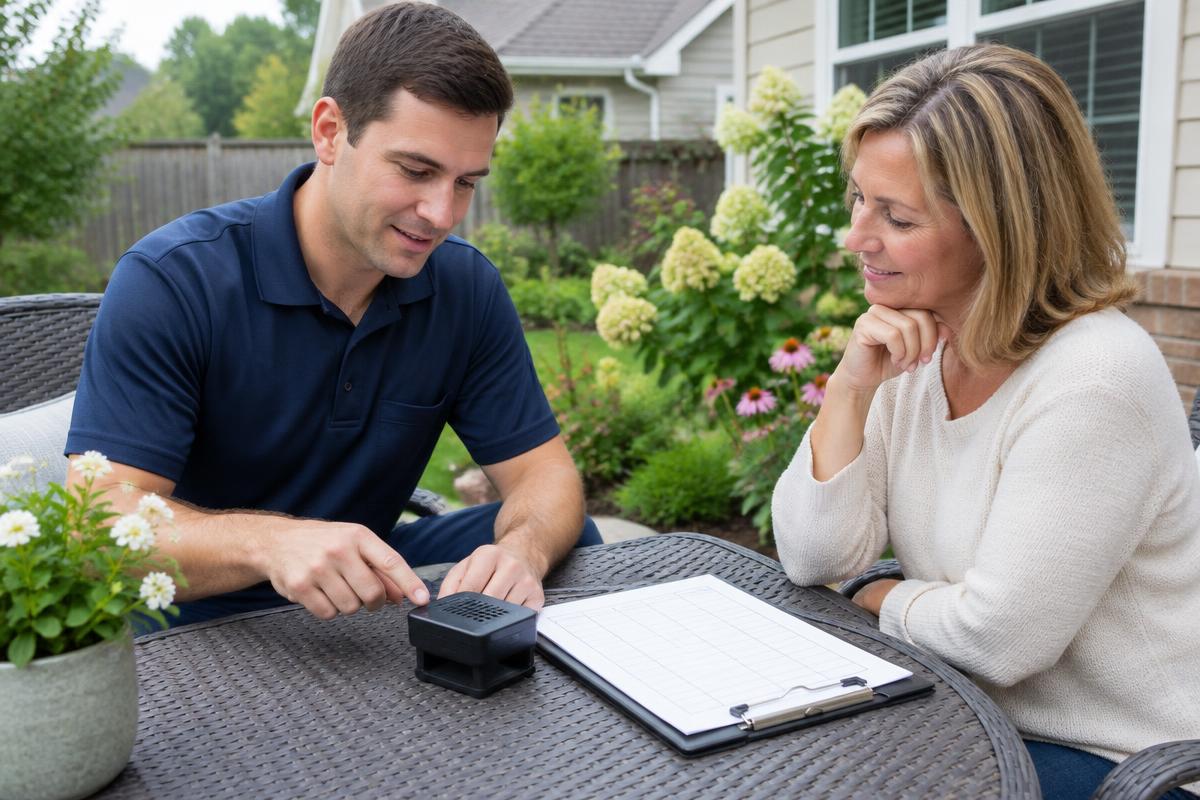 Pest professional discussing a service schedule with a homeowner