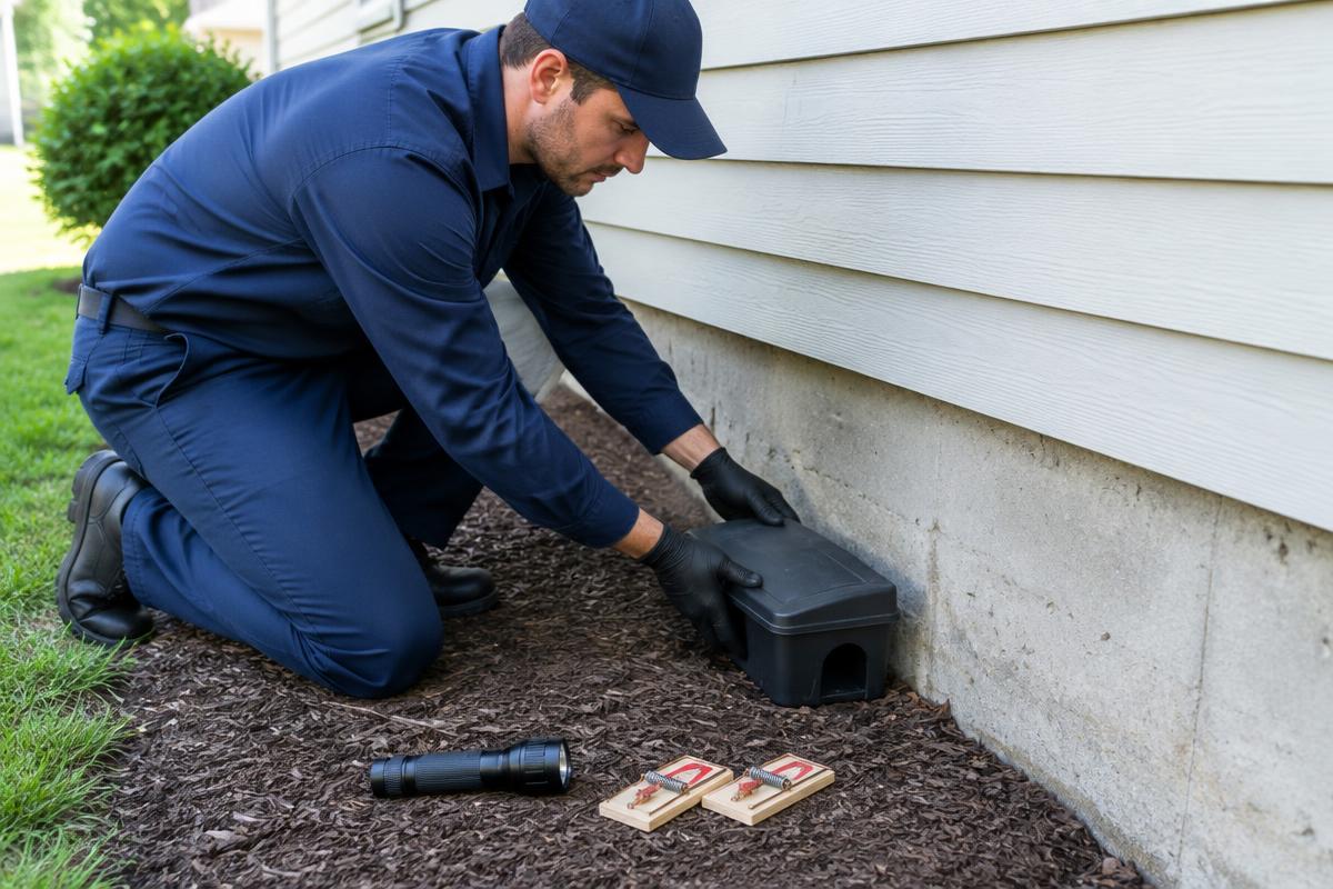Technician placing a rodent bait station and traps along a home's foundation